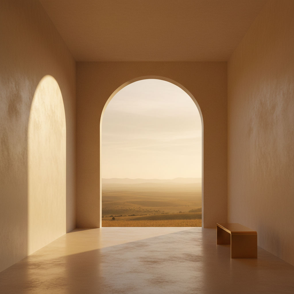 An open archway in a warm cream interior with golden hour light