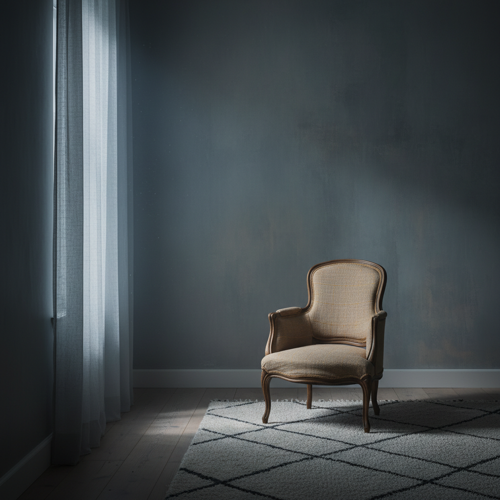 A quiet contained interior in cool grey-blue tones